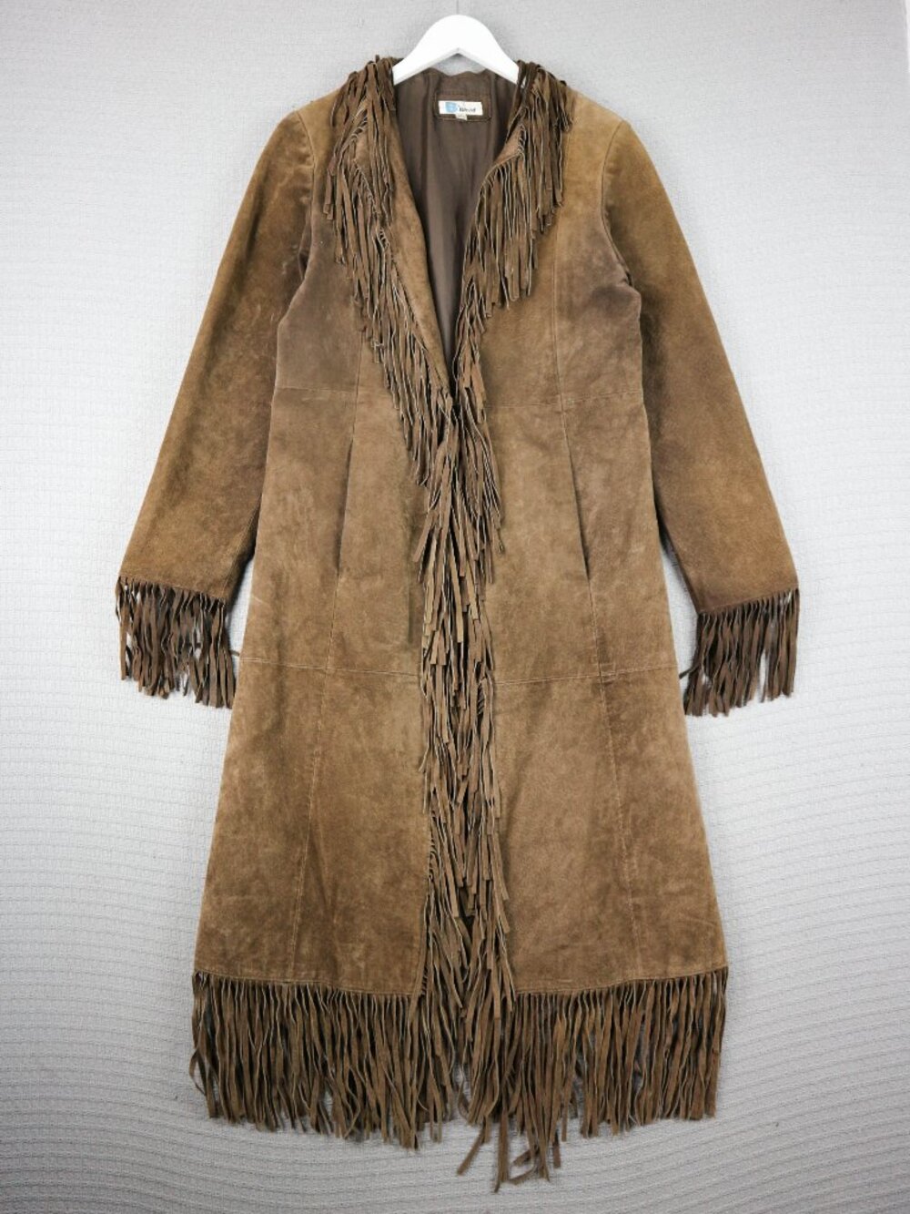 B Lucid fringed Brown Western Long Leather Suede Jacket Duster Fringe Coat XS